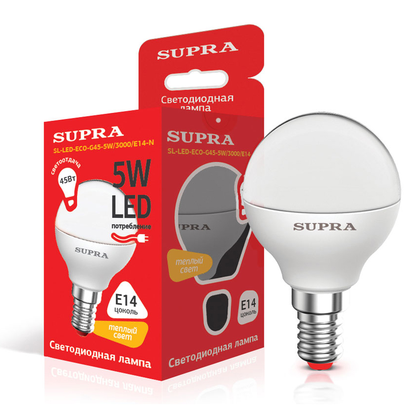 Лампы Supra SL-LED-ЭKO-G45-5W/3000/E14