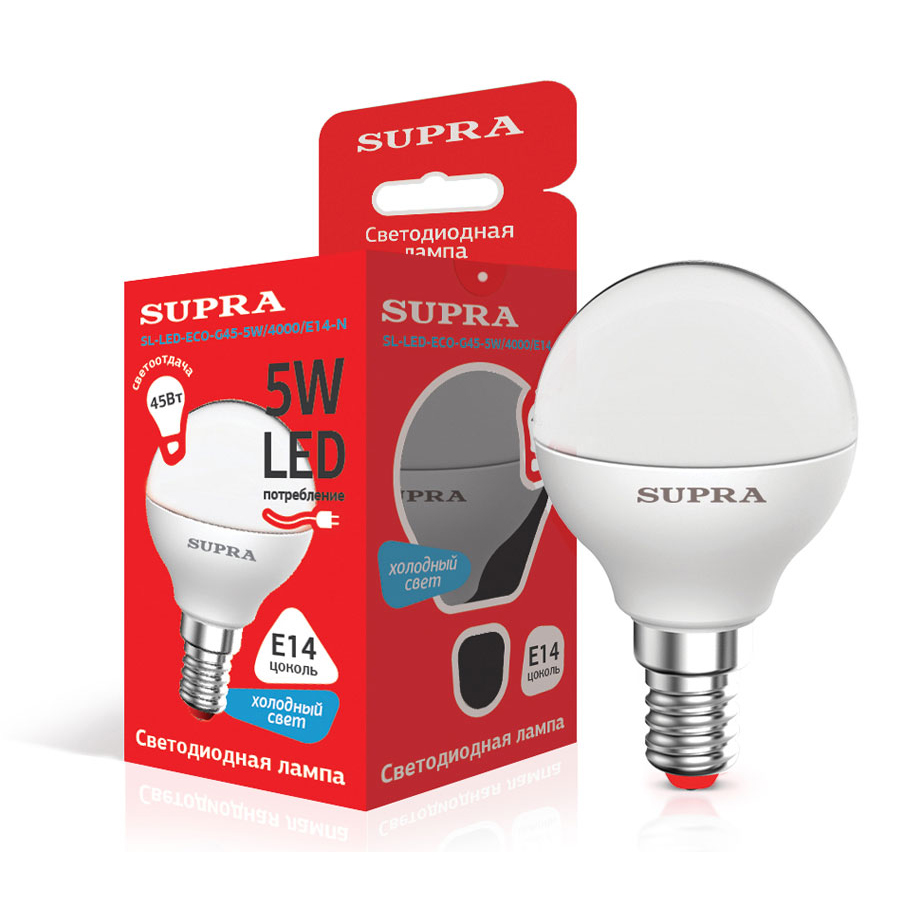 Лампы Supra SL-LED-ЭKO-G45-5W/4000/E14