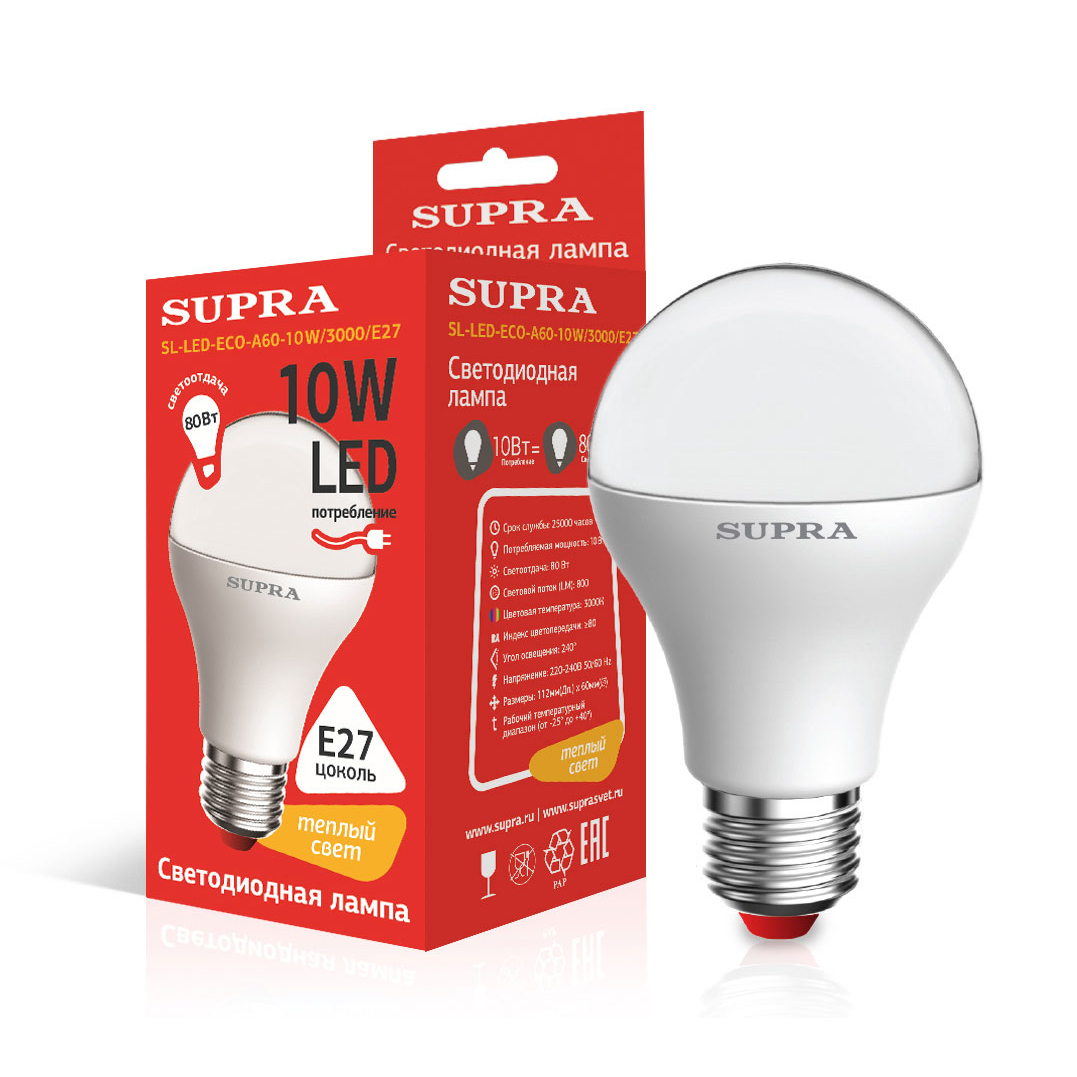 Лампы Supra SL-LED-ECO-A60-10W/3000/E27