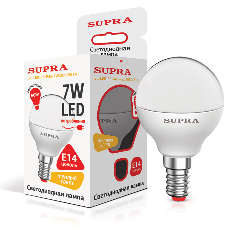 Лампы Supra SL-LED-PR-P45-7W/3000/E14