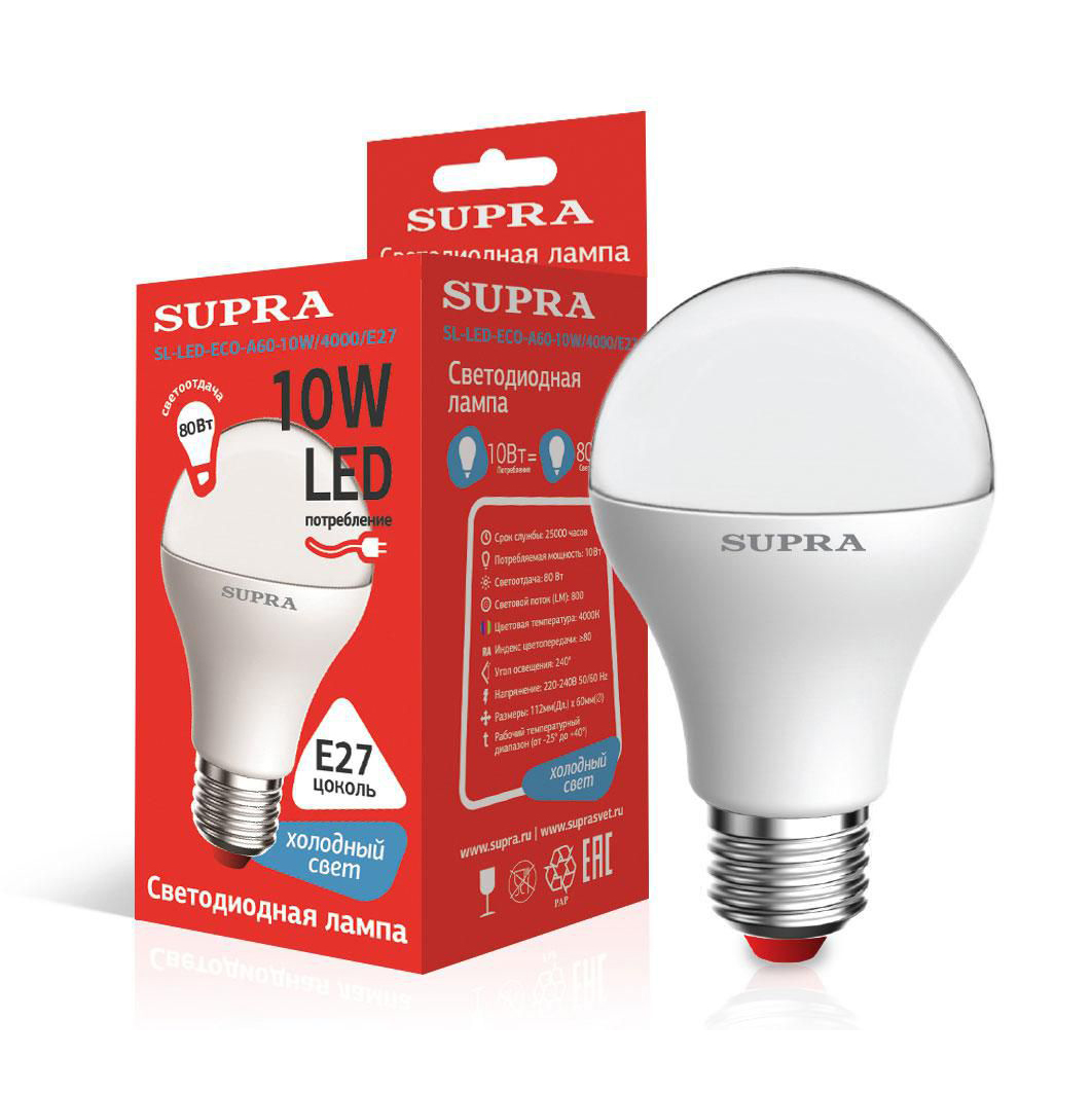 Лампы Supra SL-LED-ECO-A60-10W/4000/E27