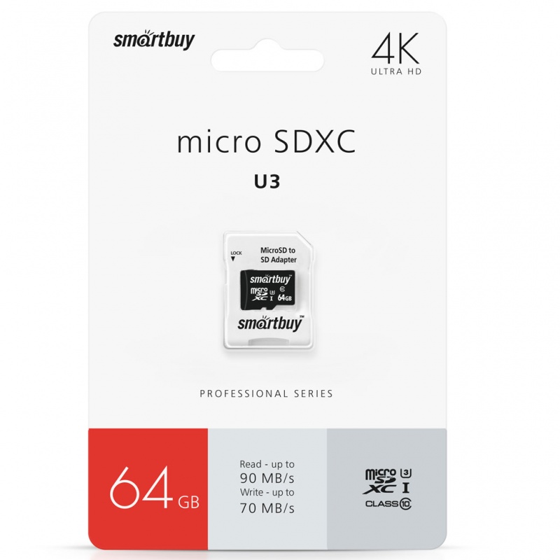 Карты памяти SD Smartbuy MicroSDXC 64Gb Class 10 PRO U3 95/60 MB/s (с адапт. SD)