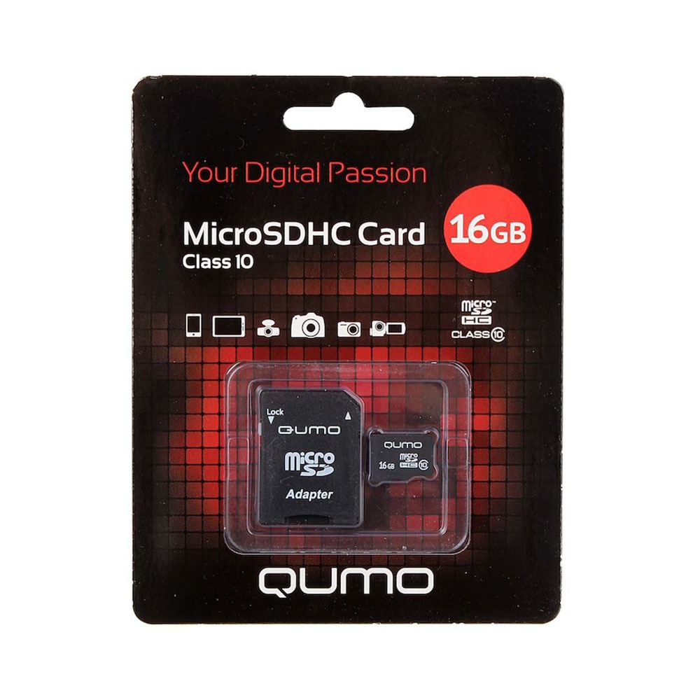 Карты памяти SD Qumo MicroSDHC 16Gb Class 10 (с адаптером SD)