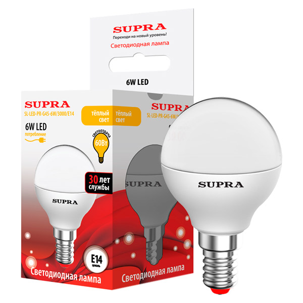 Лампы Supra SL-LED-PR-G45-6W/3000/E14