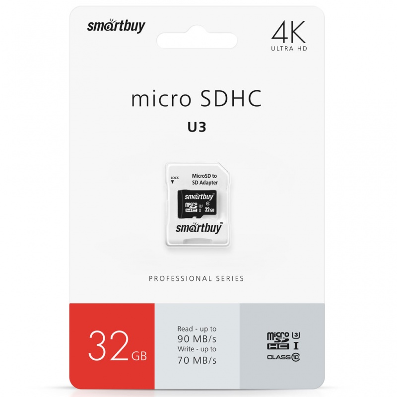 Карты памяти SD Smartbuy MicroSDHC 32Gb Class 10 PRO U3 90/70 MB/s (с адапт. SD)